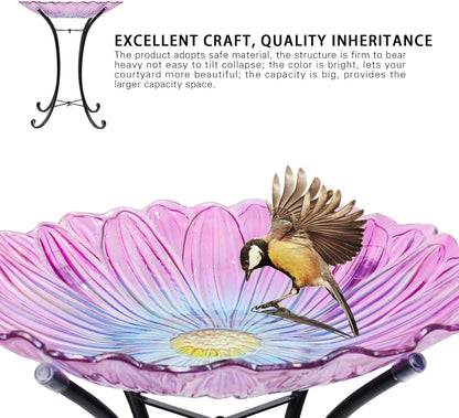 MUMTOP Outdoor Glass Birdbath with Metal Stand for Outside Yard Garden Decor, 18 inch Diameter Pink Bird Baths Bowl for Outdoors, 21 inch Height