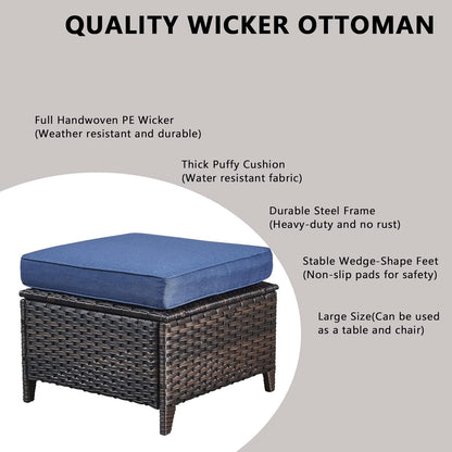 Outdoor Wicker Patio Furniture Set - 6 Piece Rattan Patio Conversation Set with 2 Rocking Swivel Chairs,2 Ottomans,1 Loveseat and 1 Side Table for Porch Deck Backyard Garden(Brown/Blue)