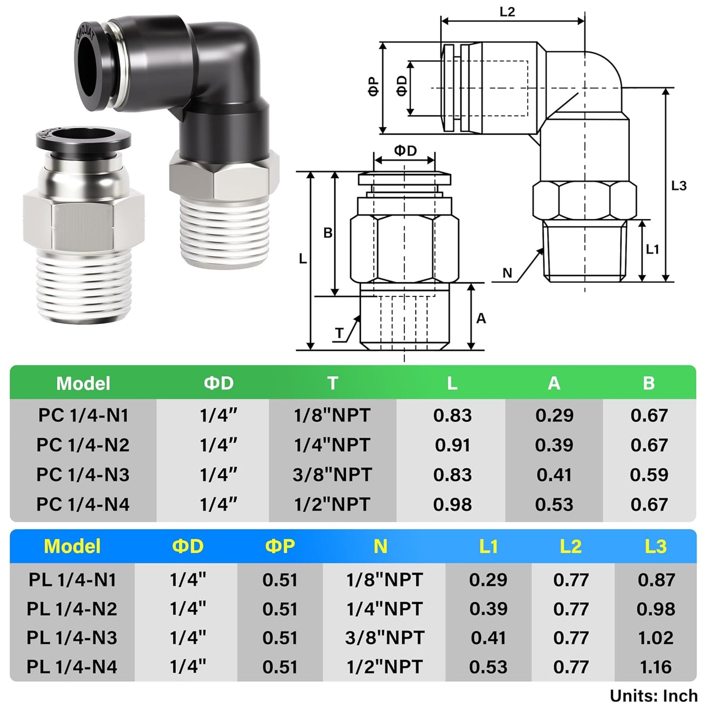 TAILONZ PNEUMATIC Elbow and Straight Combination 1/4 Inch Tube OD x 1/4 Inch NPT Thread Push to Connect Fittings PC-1/4-N2+PL-1/4-N2(Pack of 30)
