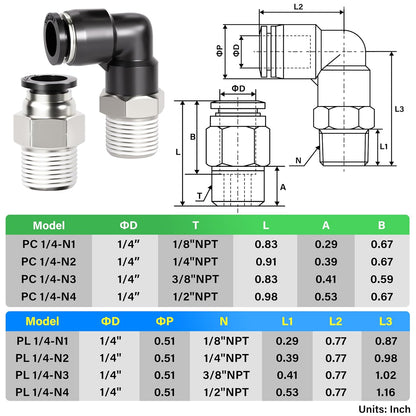 TAILONZ PNEUMATIC Elbow and Straight Combination 1/4 Inch Tube OD x 1/8 Inch NPT Thread Push to Connect Fittings PC-1/4-N1+PL-1/4-N1(Pack of 4)