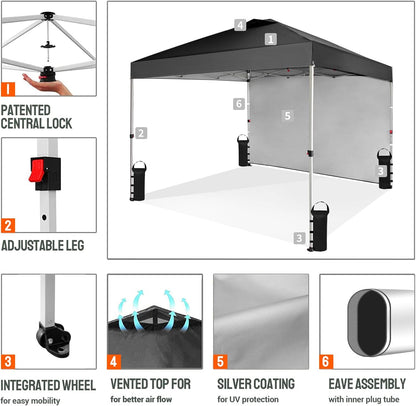 CROWN SHADES 10x10 Pop Up Canopy with 1 Side Wall - Beach Tent with One Push Setup - Outdoor Sun Shade for Events, Parties, Camping - Gazebo with STO-N-Go Cover Bag (Black)