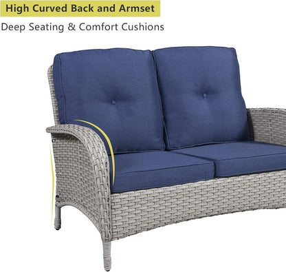 HUMMUH 5-Piece Patio Furniture Wicker Outdoor Conversation Set,All-Weather Rattan Swivel Chairs Bistro Set with Loveseat Coffee Table for Backyard,Poolside,Deck(Grey/Blue)