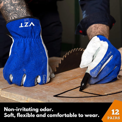 12 Pairs Bulk Leather Work Gloves for Men or Women for Construction, Wood cutting, Driving, Gardening, Automotive Repair, Water Resistant, Soft, Cowhide, Class 4 Abrasion Resistant, Blue-White, XL