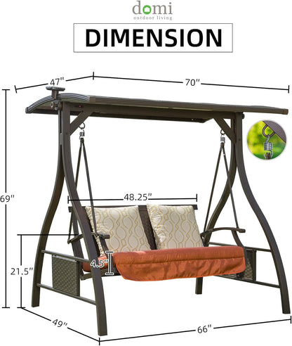 Domi Porch Outdoor Patio Swing with Adjustable Hardtop Polycarbonate Canopy, 2-seat Swing Chair Bench with Solar LED Light for Backyard Yard Poolside Porch Lawn, Cushion and Pillows Included