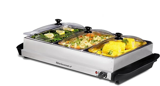 Elite Gourmet EWM-6171 Triple 3 x 2.5 Qt. Trays, Buffet Server, Food Warmer Temperature Control, Clear Slotted Lids, Perfect for Parties, Entertaining & Holidays, 7.5 Qt Total, Stainless Steel