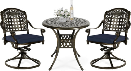 VIVIJASON 3-Piece Patio Bistro Set, Outdoor All-Weather Cast Aluminum Furniture Dining Set, Include 2 Swivel Chairs and 31" Round Table w/Umbrella Hole for Balcony, Lawn, Garden (Navy Blue Cushion)