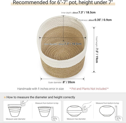 Dahey Small Cotton Rope Plant Basket Woven Plant Coiled Basket for Up to 7" Planter, Decorative Flower Pot Cover Closet Storage Bin Table Desk Organizer for Home Decor, White and Beige
