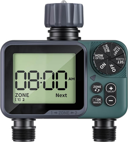 Sprinkler Timer 2 Zone, Programmable Water Timer for Garden Hose with Rain Delay, Manual and Automatic Irrigation Controller System, Waterproof Water Hose Timers for Yard, Lawn, Pool