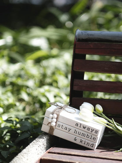 Lavender Inspired Farmhouse Book Decor-Always Stay Humble and Kind Sign-Book Shelf Decor-3 Pieces Faux Wooden Book Stack for Coffee Table Decor-Living Room Decor-Fireplace mantle table decor