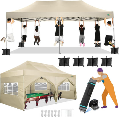 COBIZI 10x20 Canopy with Sidewalls, Heavy Duty Party Tent Pop up carpas para Fiestas, Tents for Parties, Wedding, Outdoor Easy Pop up Foldable Portable Canopy Tent with Wheeled Bag, Khaki Upgrade