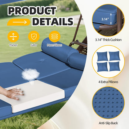 3-seat Patio Swing with Canopy,Convertible Outdoor Swing Bed with Thick Cushions, Pillows & Cup Holders, 3-Seat Outdoor Swings Chair for Backyard, Garden, Deck(Blue)