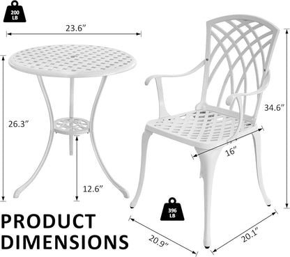 White Bistro Table and Chairs Set of 2, Cast Aluminum White Bistro Set Outdoor, Patio Bistro Sets with Umbrella Hole, Round Back Yard Set for Porch Balcony Garden