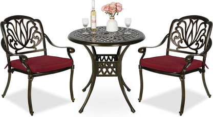 MEETWARM 3 Piece Patio Bistro Set, Outdoor All-Weather Cast Aluminum Dining Furniture Set Includes 2 Cushioned Chairs and a 31” Round Table with Umbrella Hole for Garden Deck, Chili Red