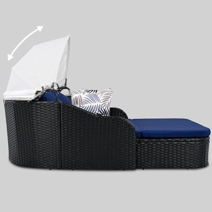 kevinplus Outdoor Patio Sunbed Daybed Double Lounge with Adjustable Canopy for Garden Backyard Pool, PE Rattan Wicker Material & Moveable Cushion Cover, Blue & Black