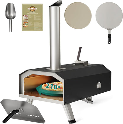 YTIAHOME Outdoor Wood Pellet Pizza Oven with Rotating, 12" Wood Fired Pizza Oven with Built-in Thermometer, Outside Pizza Stove with Peel, Stone and Recipes for Backyard Camp
