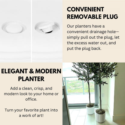 Fox & Fern Large 12 Inch Planter with Drainage Plug — Premium Polystone White Plant Pot; Modern Planter with 3D Texture and Ceramic Finish; 12 Inch Pots for Plants Indoor & Outdoor