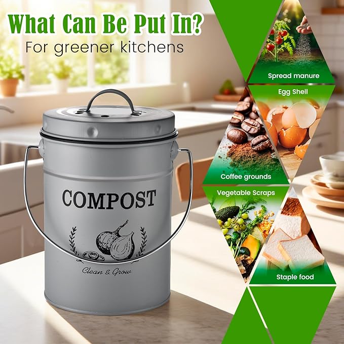 AOSION Countertop Compost Bin Kitchen,Odorless Indoor Compost Bin with Lid and Compost Bags,Compost Bucket Composter Container for Food Waste,Grey
