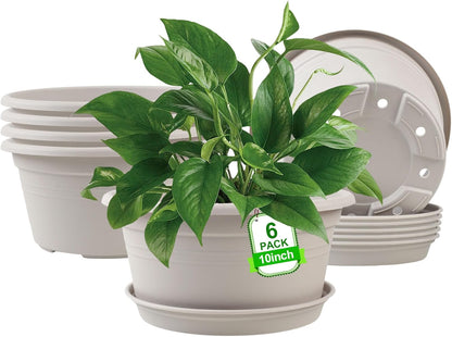 6 Pack 10 inch Plant Pot, Outdoor Pots for Plants with Drainage Hole & Tray Saucer, Round Plastic Plant Pot, Decoration Flower Pots for Indoor Plants Home Garden Outdoor Planters (Beige)