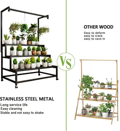 39in Large Metal Plant Stand, 3 Tier with Hanging Tall Plant pot shelf (67in), with Rollers Heavy Duty Plant Holder, for Home/Garden/living room/balcony (BLACK, 39IN)