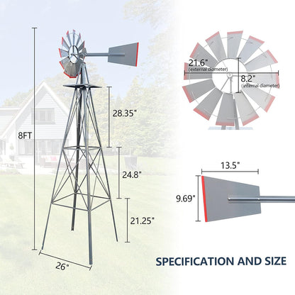 8ft Garden Windmill, Heavy Duty Durable Metal Weather Vane for Backyard, Ornamental Windmill for Yard Weather Resistant (Gray, 8FT)