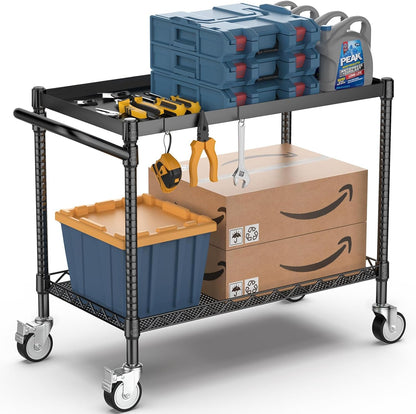 Leteuke 2 Tier Utility Cart with Wheels, NSF Certified 900LBS Capacity Heavy Duty Rolling Utility Carts with Handle Bar, Commercial Grade Metal Serving Storage Cart for Warehouse Garage Kitchen, Black