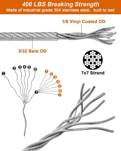 220 FT 1/8" Wire Rope Kit, 304 Stainless Steel Cable with M5 Turnbuckles for Cables Wire, Vinyl Coated String Lights Hanging Wires for Outdoor Camping, Trellis, Garden, Clothes line, Curtain, Festival
