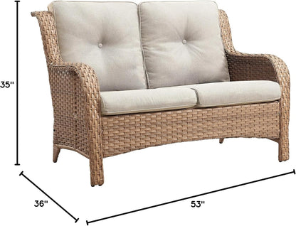 Outdoor Loveseat Patio Couch - 500 Lbs Weight Capacity Wicker Loveseat with High Backrest Wide Armrest, Small Patio Furniture Rattan 2 Seater Sofa for Balcony Deck Proch Poolside Yellow