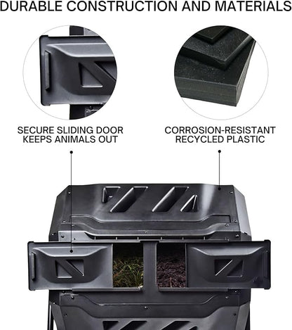 Koolscapes Dual Chamber Tumbling Composter 42 Gal (160L) Black Rotating Outdoor Compost Bin, Double Chamber Rotary Composter, Recycled Plastic with Steel Frame for Backyard and Vegetable Garden
