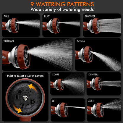 RESTMO Hose Nozzle Heavy Duty, Metal Water Hose Sprayer for Garden, 9 Spray Patterns | High Pressure | Thumb Flow Control | On/Off Valve, Ideal for Lawn & Plant Watering, Car & Pet Washing, Red