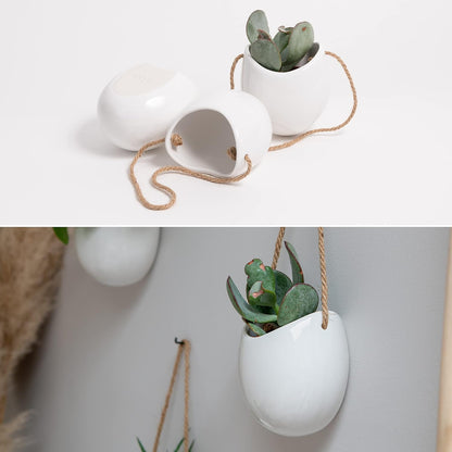 Kazai. Wall Planters -Ellie- | Hanging Ceramic Plant Pots 3 Pieces | Wall Decoration for Indoors, Balcony and Garden | White (Glossy)