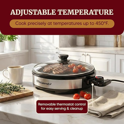 Elite Gourmet EMG6505G 12" Smokeless Indoor Electric BBQ Grill with Glass Lid Dishwasher Safe, Nonstick, Adjustable Temperature, Fast Heat Up, Low-Fat Meals Easy to Clean Design