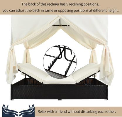 Patio Chaise Lounge, PE Rattan Outdoor Patio Wicker Sunbed Daybed with Adjustable Seats, Four-Sided Canopy, Overhead Curtain and Beige Cushions for Backyard, Garden, Poolside (for 2-6 People)