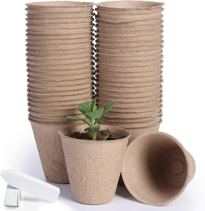 JERIA 50-Pack 3.15 Inch Peat Pots for Seedling with 50 Pcs Plant Labels,Outdoor Garden Germination Nursery Pots,Biodegradable Seed Starter Pots Kits
