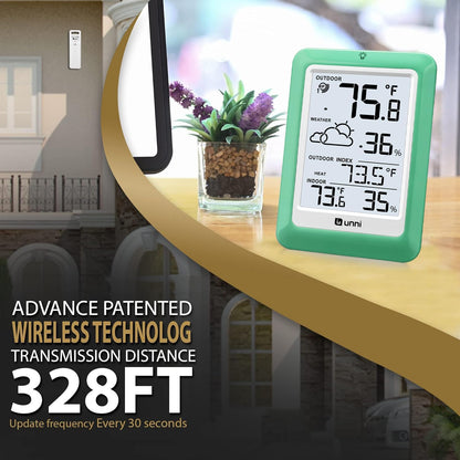 Indoor Outdoor Thermometer Wireless, Temperature Humidity Monitor Battery Powered Inside Outside Thermometers with 330ft Range Remote Sensor(Green)
