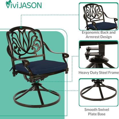 VIVIJASON 3-Piece Patio Furniture Dining Set, Outdoor All-Weather Cast Aluminum Bistro Set, Include 2 Swivel Chairs and 31" Round Table w/Umbrella Hole for Balcony, Lawn, Garden (Navy Blue Cushion)