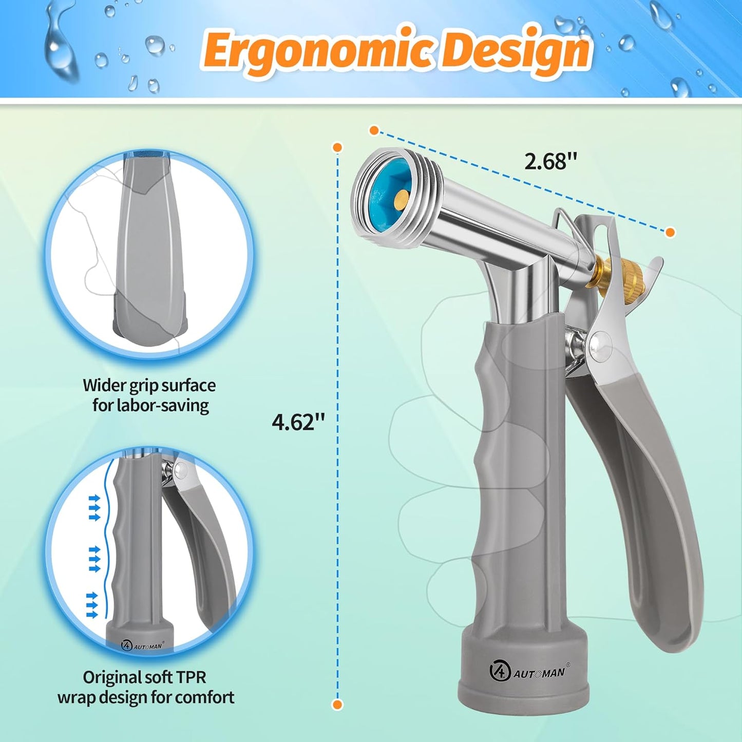 AUTOMAN Full Size Garden Hose Nozzle, High Pressure Pistol Grip Water Nozzle Sprayer with Threaded Front, Adjustable Spray Water Flow for Washing Car, Cleaning Ground, Watering Plants, Showering Pets