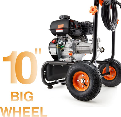 3500PSI Gas Pressure Washer, 2.3GPM Gas Powered High Pressure Washer with 209CC Engine, 4 Adjustable Nozzles, 25 ft High Pressure Hose for Cleaning Walls, Terraces, Vehicles, Gardens (Orange)