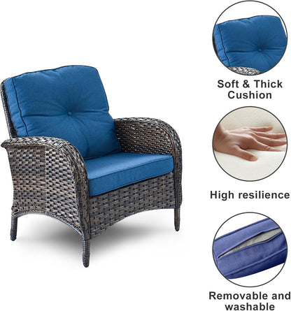 HUMMUH Outdoor Wicker Chairs Patio Dining Chairs Set of 2 with High Back and Deep Seat for Garden,Porch,Backyard,Balcony (Brown/Blue)