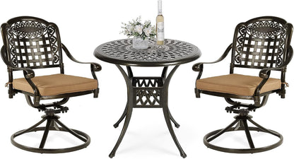 VIVIJASON 3-Piece Patio Bistro Set, Outdoor All-Weather Cast Aluminum Furniture Dining Set, Include 2 Swivel Chairs and 31" Round Table w/Umbrella Hole for Balcony, Lawn, Garden, Antique Bronze