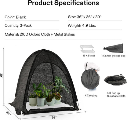 Porayhut Pop up Sunshade Cloth Pack of 2,Easy Open Crop Shade Net 36''*36''*39''UV Resisitant Plant 80% Sunblock Net for Mini Flower Pot with Stakes