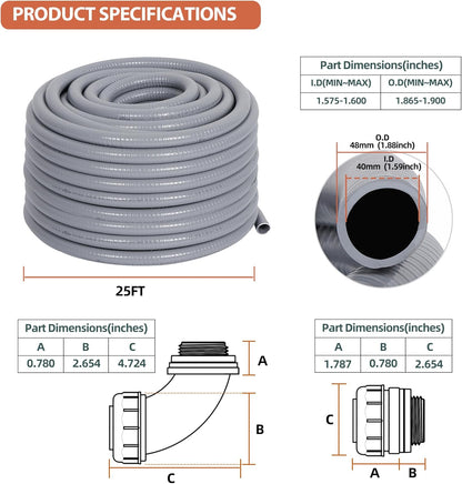 Liquid-Tight Conduit 1-1/2 inch 25ft, Electrical Conduit w/UL Certification, Flexible Conduit with 5 Straight and 5 90-Degree Conduit Connector Fittings Gray