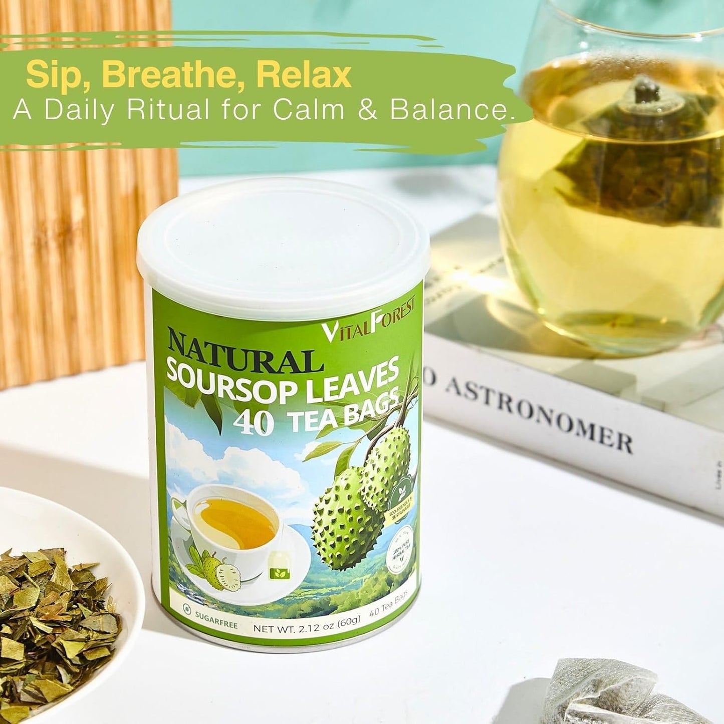 40 Premium Soursop Leaves Tea Bags | VitalForest Pure Graviola Leaf Tea for Relaxation, Sleep & Detox | Caffeine-Free Guyabano Herbal Tea | te de Guanabana | Non-GMO, Biodegradable