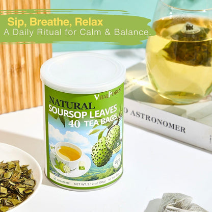 40 Premium Soursop Leaves Tea Bags | VitalForest Pure Graviola Leaf Tea for Relaxation, Sleep & Detox | Caffeine-Free Guyabano Herbal Tea | te de Guanabana | Non-GMO, Biodegradable