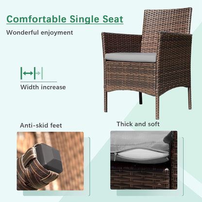 Greesum Patio Furniture 4 Pieces Conversation Sets Outdoor Wicker Rattan Chairs Garden Backyard Balcony Porch Poolside loveseat with Soft Cushion and Glass Table, Brown and Gray