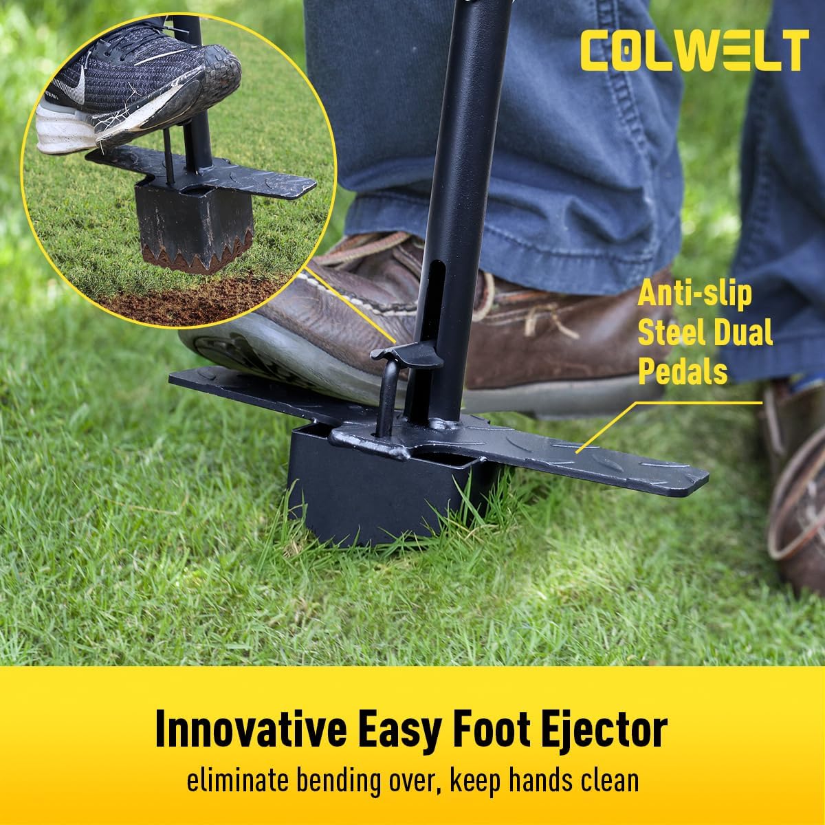 Colwelt Sod Plugger Tool 36-INCH, Grass Plug Tool 3 x 3 Square with Serrated Base, Long Handle Bulb Planter Tool with Dual Pedals & Easy Foot Ejector, Sod Turf Cutter for Lawn Planting Grass Repair