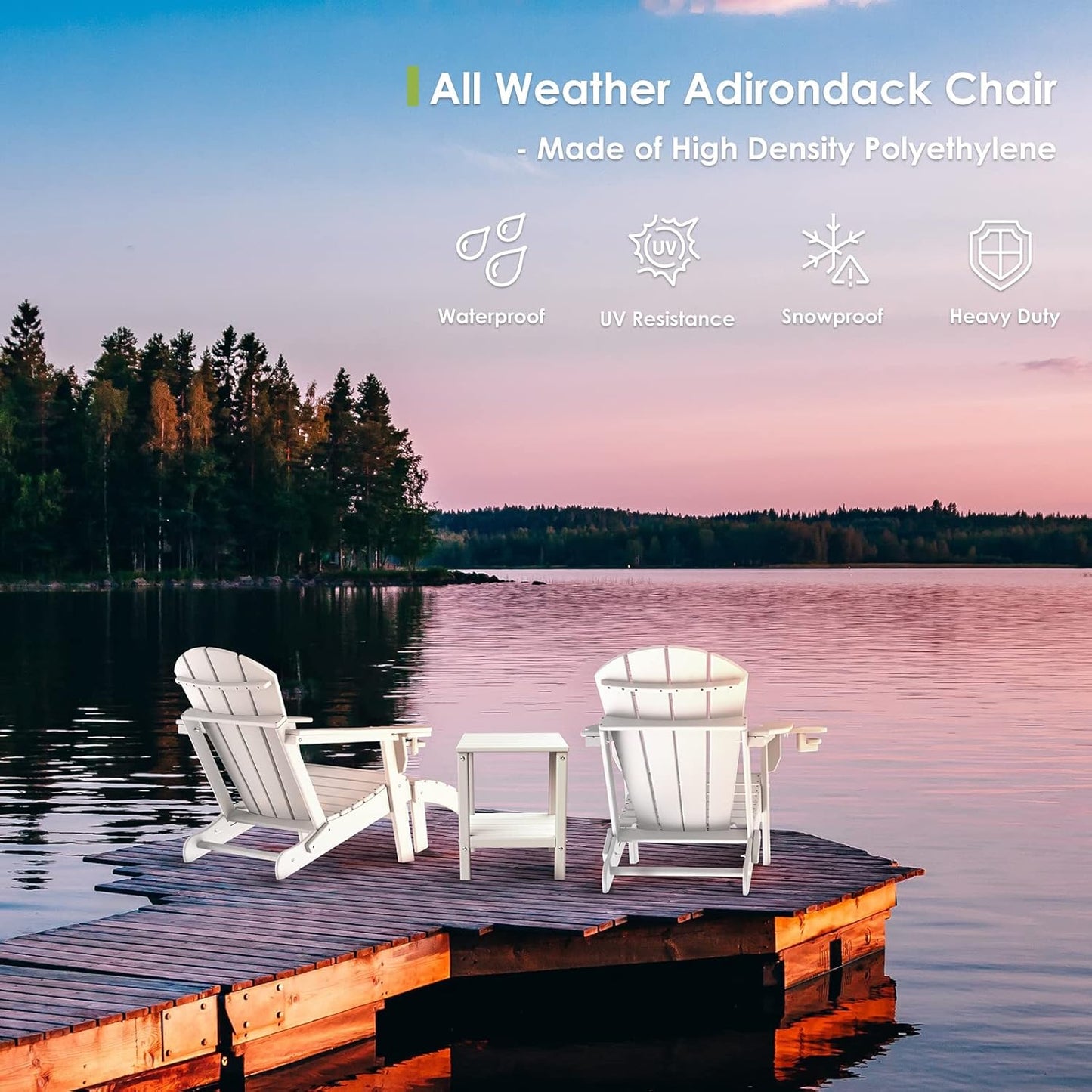 GREENVINES Folding-Adirondack-Chair | HDPE Plastic | Fire Pit Chairs | All Weather | Cup Holder | White | for Deck Backyard Patio Outdoor Garden