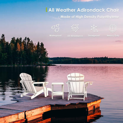 GREENVINES Folding-Adirondack-Chair | HDPE Plastic | Fire Pit Chairs | All Weather | Cup Holder | White | for Deck Backyard Patio Outdoor Garden