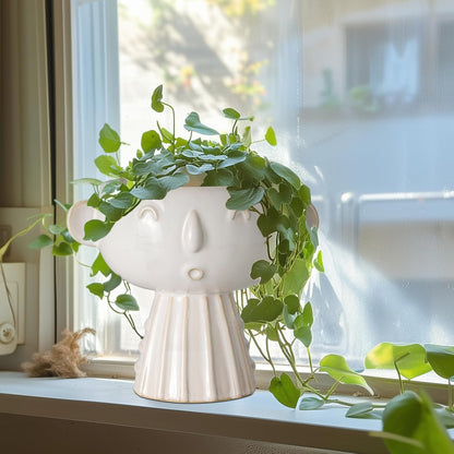 Face Planter Pot 7 Inch - Cute Ceramic Flower Head Planter for Indoor Outdoor Succulent Pot with Drainage Hole Flower Pot Present for Mother Christmas White