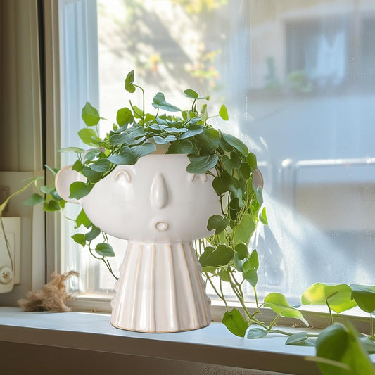 Face Planter Pot 7 Inch - Cute Ceramic Flower Head Planter for Indoor Outdoor Succulent Pot with Drainage Hole Flower Pot Present for Mother Christmas White