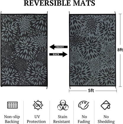 5'x8' Reversible Outdoor Rug - Eco-Friendly Plastic Straw Rug-Heavy-Duty Waterproof Mat, UV & Fade Resistant for Patio, Camping, RV, Deck, Balcony(5x8,Black&Floral)